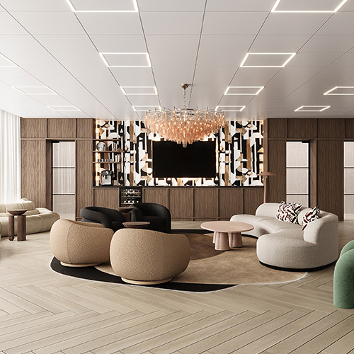 Relaxed lounge area with multiple seating areas in an open floor layout.