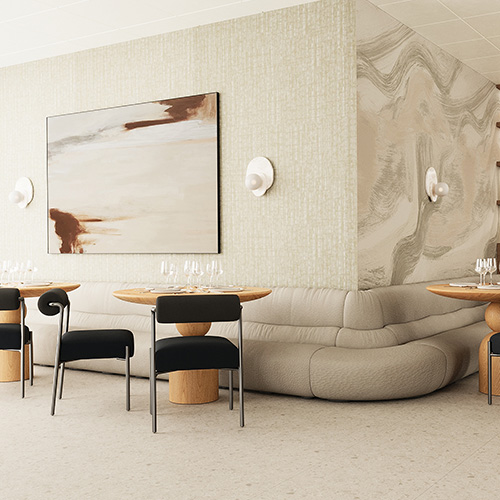 Luxury seating area with soft designs, tables, and chairs